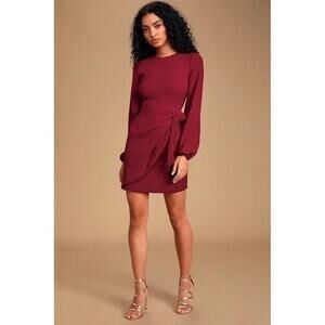 Lulus Believe It Or Not Knot Long Sleeve Side Tie Dress Siz L Large NEW Wine Red